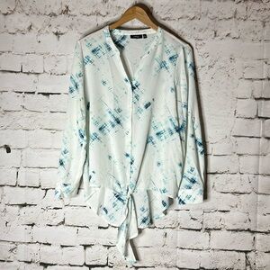 Women’s white, long sleeve high, low button up tie front blouse L